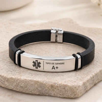 Pulsera de Plata 9.50 Hombre Cuero Liso Tipo de Sangre