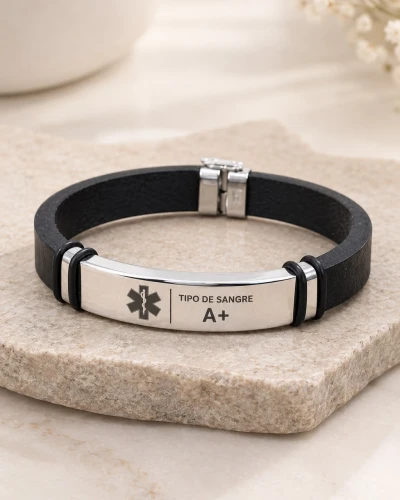 Pulsera de Plata 9.50 Hombre Cuero Liso Tipo de Sangre