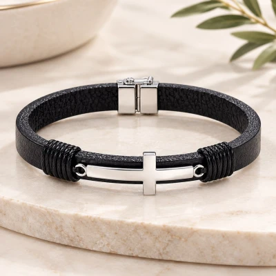 Pulsera de Plata 9.50 Hombre Cuero Liso Cruz