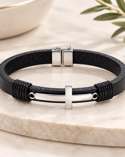 Pulsera de Plata 9.50 Hombre Cuero Liso Cruz