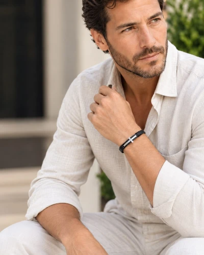 Pulsera de Plata 9.50 Hombre Cuero Liso Cruz