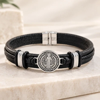 Pulsera de Plata 9.50 Hombre Cuero Liso San Benito