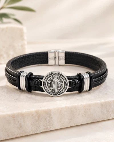 Pulsera de Plata 9.50 Hombre Cuero Liso San Benito