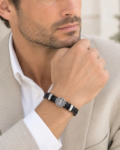 Pulsera de Plata 9.50 Hombre Cuero Liso San Benito