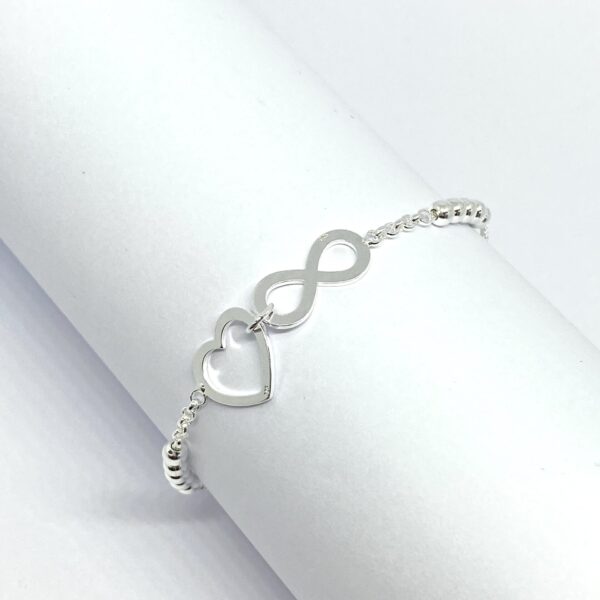 SoleJoyas Pulsera de Plata 9.25 con Diseño de Corazón, Infinito y Bolas Regulable