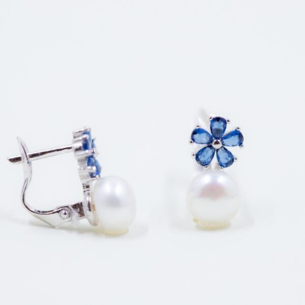 solejoyas arete de plata 9.25 con perla natural y circones azules en forma de flor